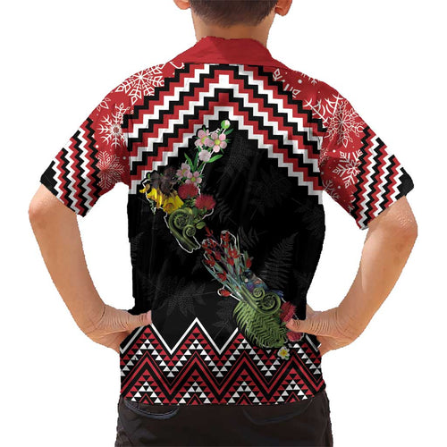 New Zealand Christmas Taniko Poutama Kid Hawaiian Shirt Flora Map with Birds - Aussie Hoodie