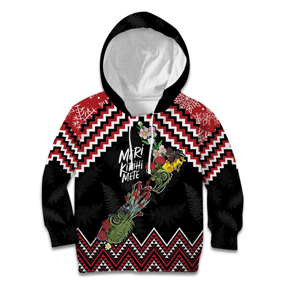 New Zealand Christmas Taniko Poutama Kid Hoodie Flora Map with Birds - Aussie Hoodie