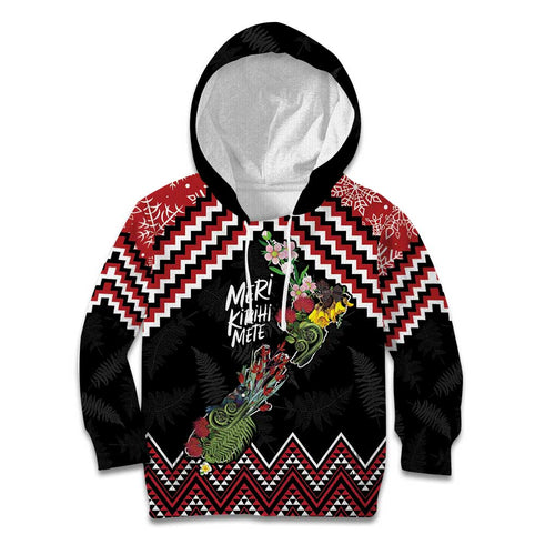 New Zealand Christmas Taniko Poutama Kid Hoodie Flora Map with Birds - Aussie Hoodie