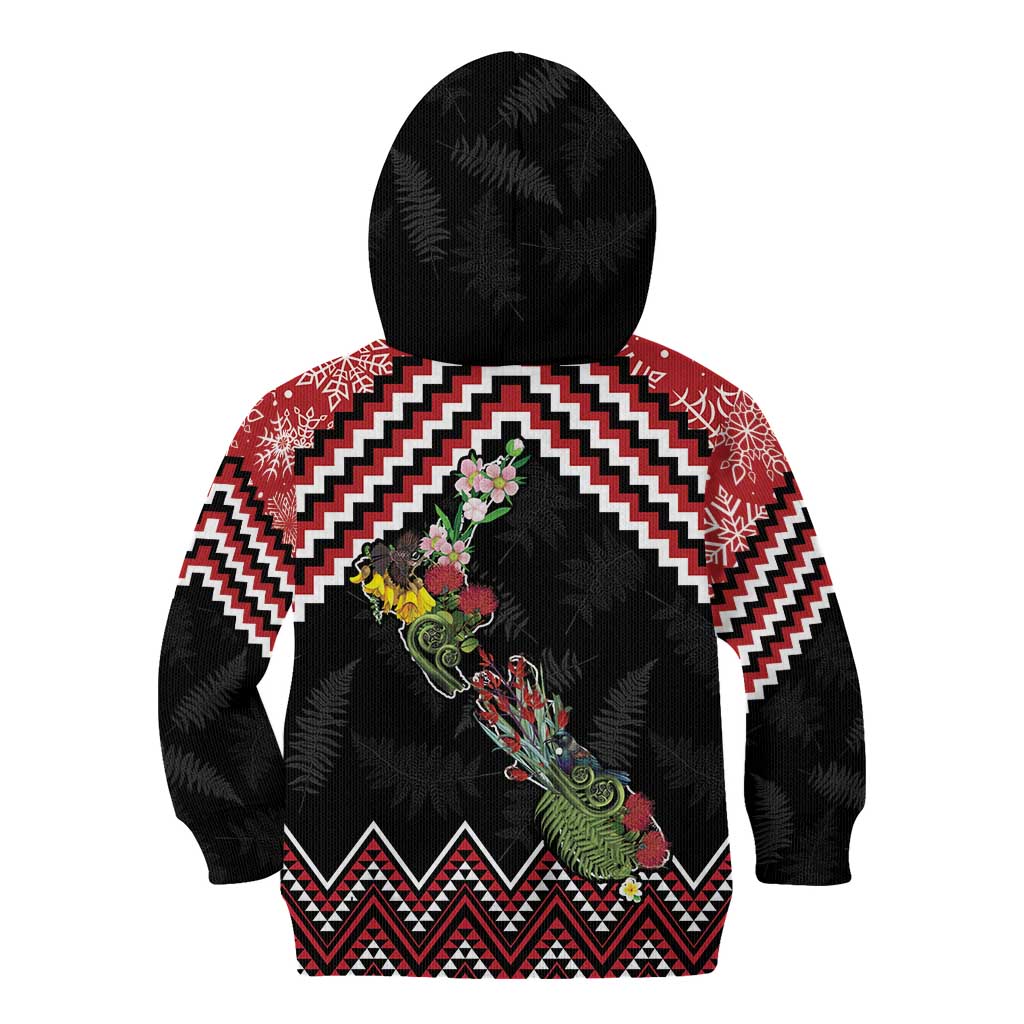 New Zealand Christmas Taniko Poutama Kid Hoodie Flora Map with Birds - Aussie Hoodie