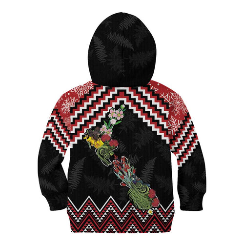 New Zealand Christmas Taniko Poutama Kid Hoodie Flora Map with Birds - Aussie Hoodie