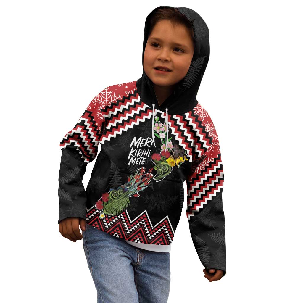 New Zealand Christmas Taniko Poutama Kid Hoodie Flora Map with Birds - Aussie Hoodie