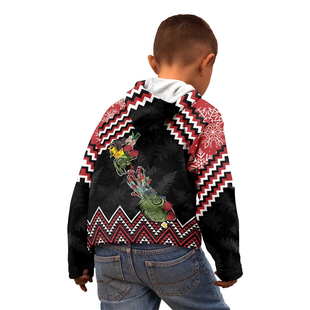 New Zealand Christmas Taniko Poutama Kid Hoodie Flora Map with Birds - Aussie Hoodie