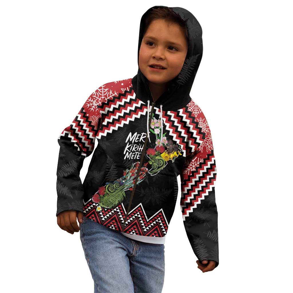 New Zealand Christmas Taniko Poutama Kid Hoodie Flora Map with Birds - Aussie Hoodie