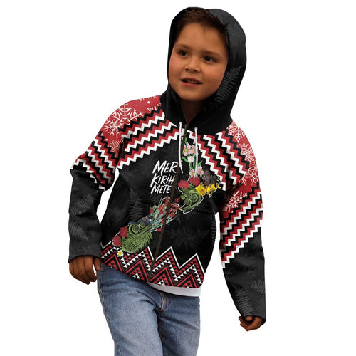 New Zealand Christmas Taniko Poutama Kid Hoodie Flora Map with Birds - Aussie Hoodie
