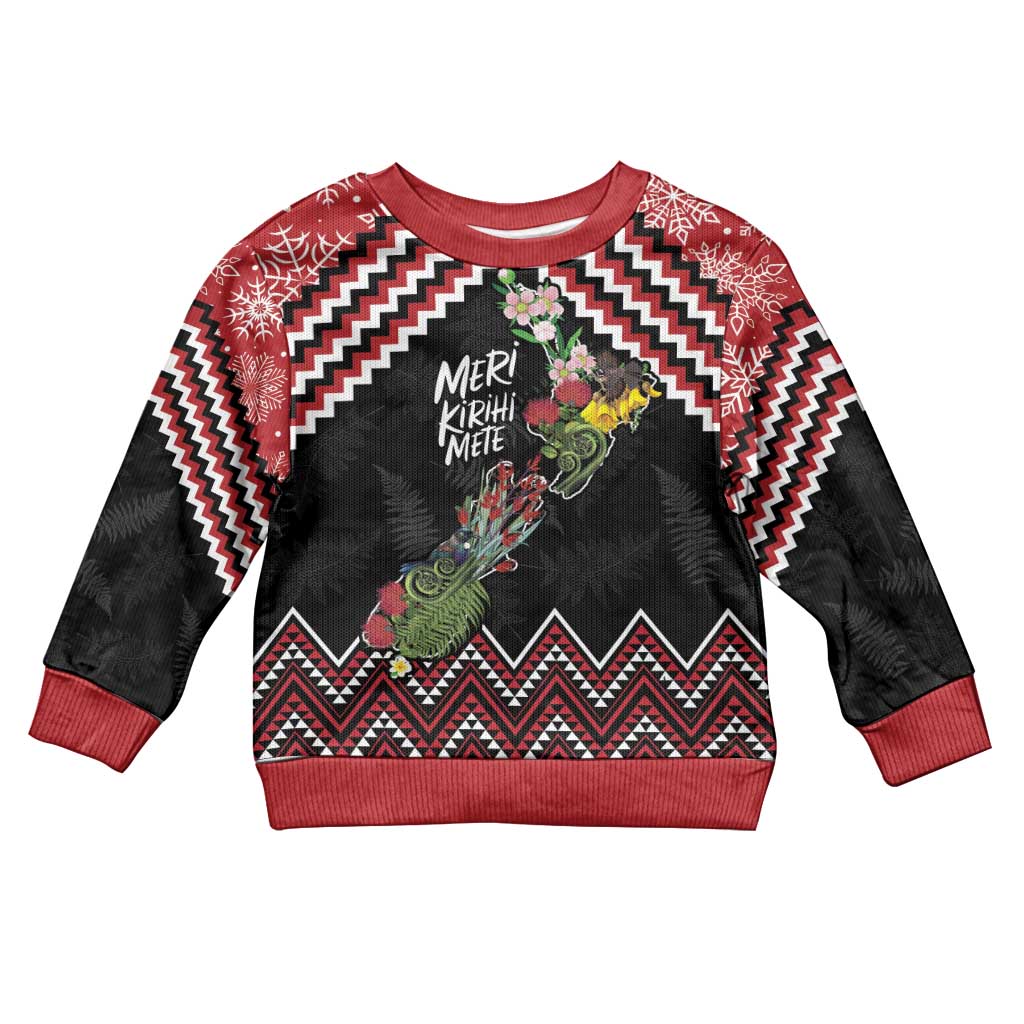 New Zealand Christmas Taniko Poutama Kid Ugly Christmas Sweater Flora Map with Birds - Aussie Hoodie
