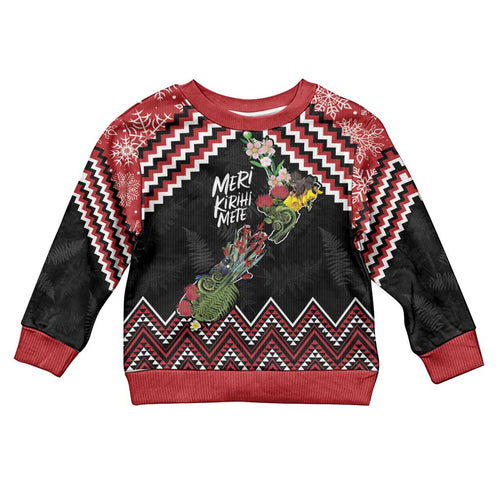 New Zealand Christmas Taniko Poutama Kid Ugly Christmas Sweater Flora Map with Birds - Aussie Hoodie