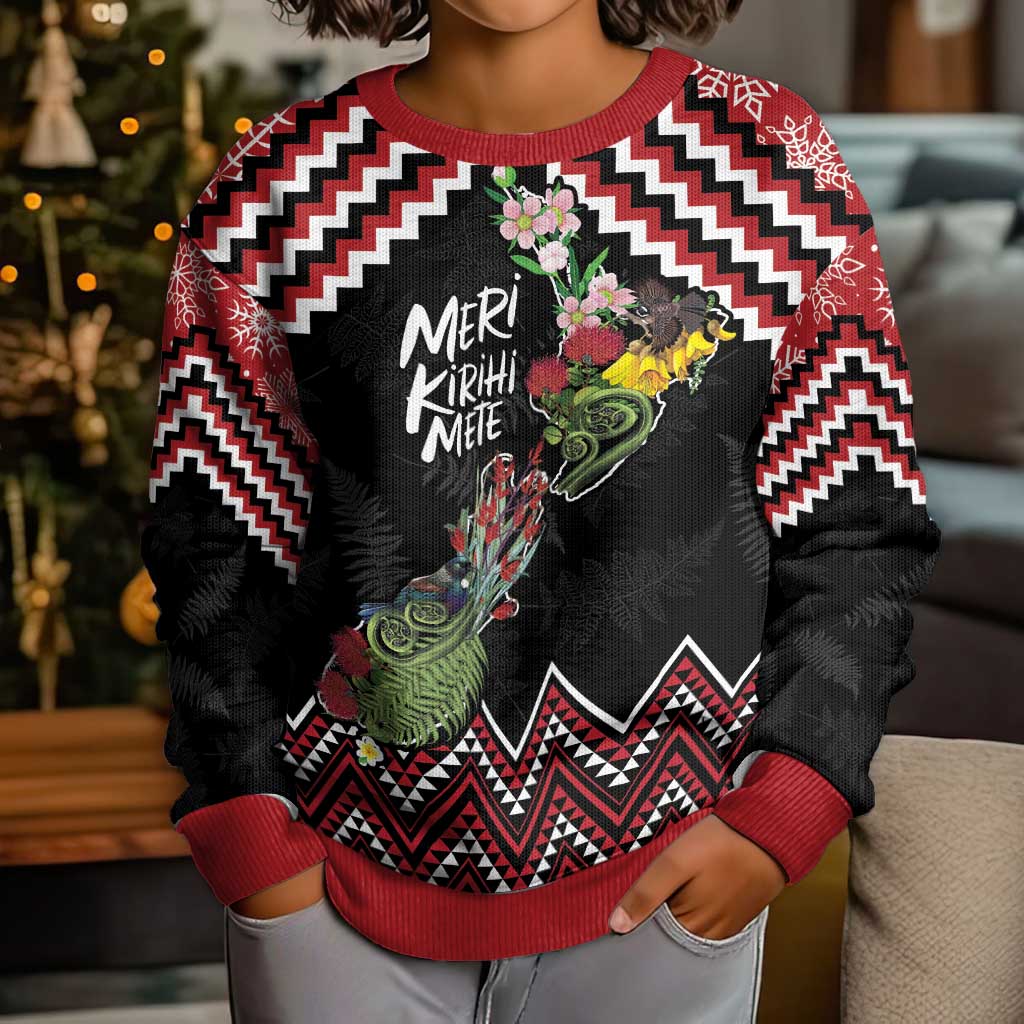 New Zealand Christmas Taniko Poutama Kid Ugly Christmas Sweater Flora Map with Birds - Aussie Hoodie