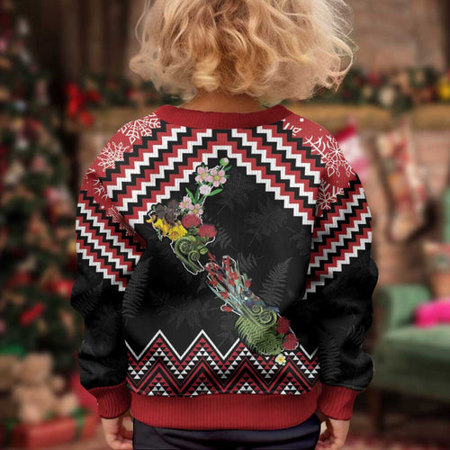 New Zealand Christmas Taniko Poutama Kid Ugly Christmas Sweater Flora Map with Birds - Aussie Hoodie