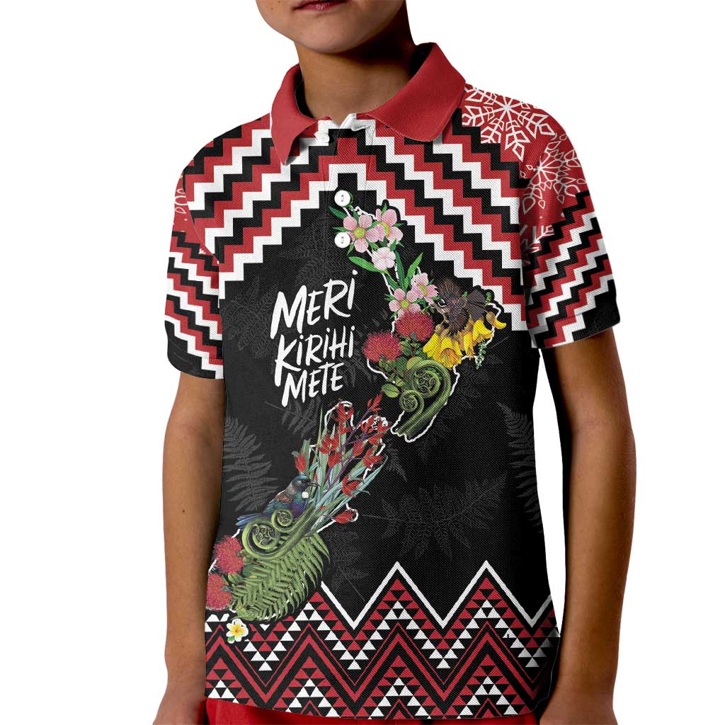 New Zealand Christmas Taniko Poutama Kid Polo Shirt Flora Map with Birds - Aussie Hoodie