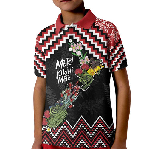 New Zealand Christmas Taniko Poutama Kid Polo Shirt Flora Map with Birds - Aussie Hoodie