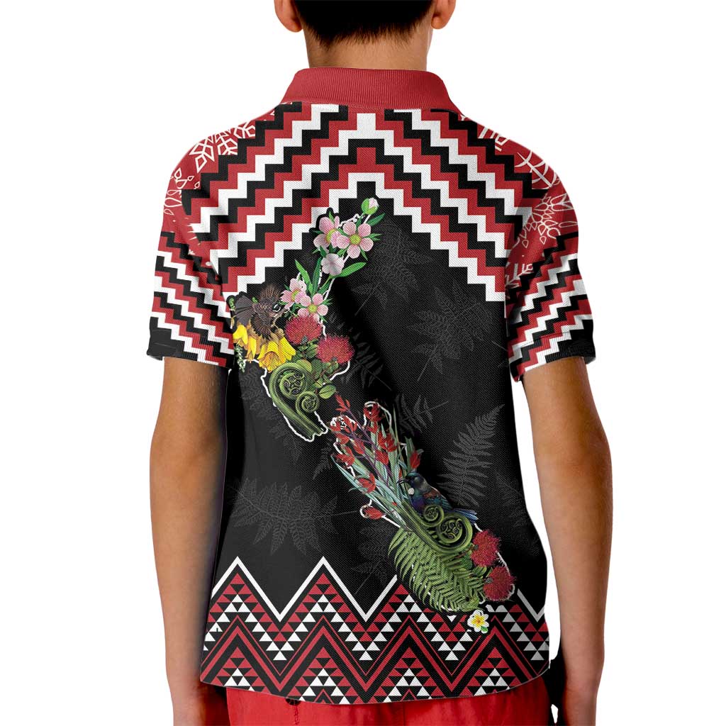 New Zealand Christmas Taniko Poutama Kid Polo Shirt Flora Map with Birds - Aussie Hoodie