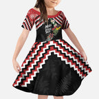 New Zealand Christmas Taniko Poutama Kid Short Sleeve Dress Flora Map with Birds - Aussie Hoodie