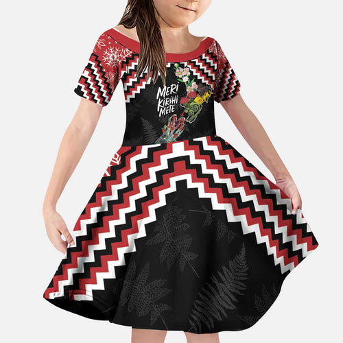 New Zealand Christmas Taniko Poutama Kid Short Sleeve Dress Flora Map with Birds - Aussie Hoodie