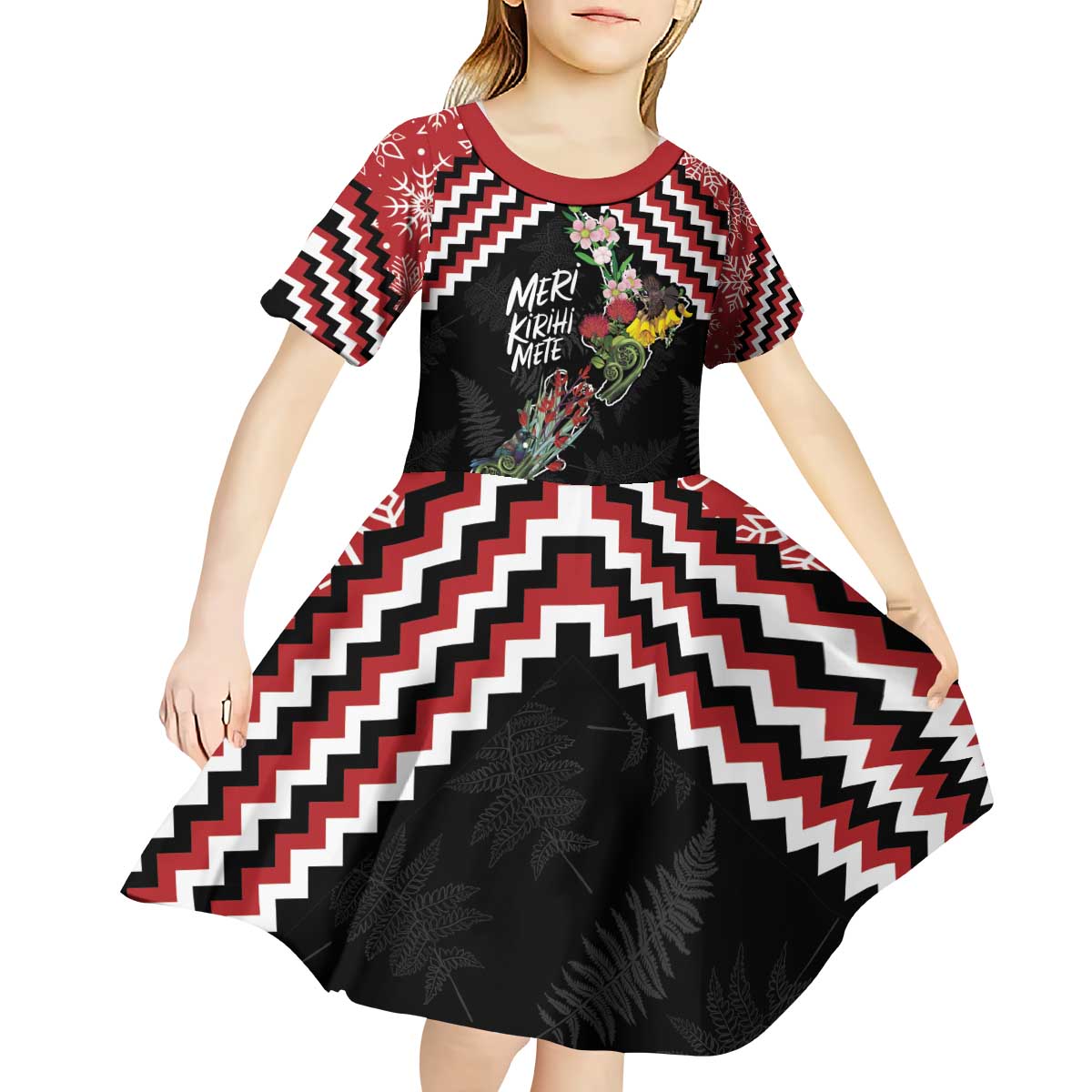 New Zealand Christmas Taniko Poutama Kid Short Sleeve Dress Flora Map with Birds - Aussie Hoodie