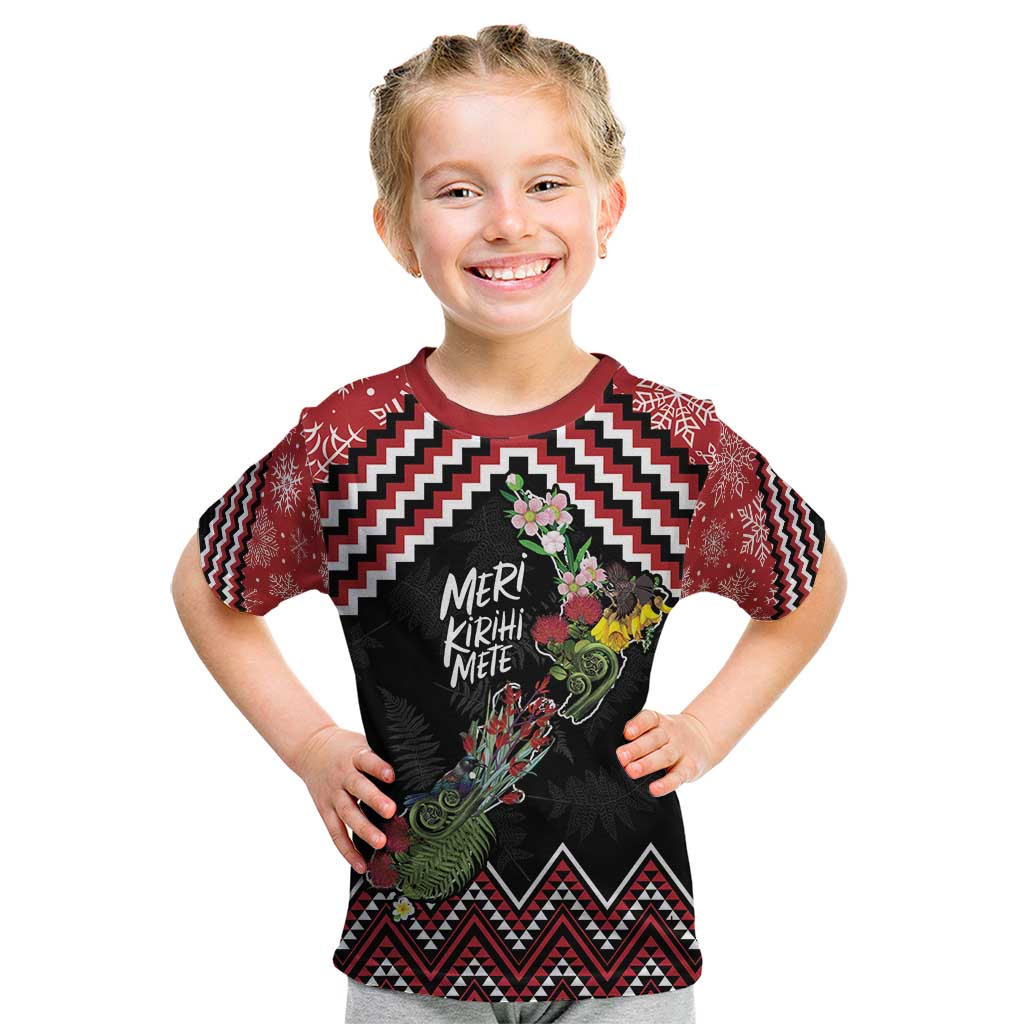 New Zealand Christmas Taniko Poutama Kid T Shirt Flora Map with Birds - Aussie Hoodie