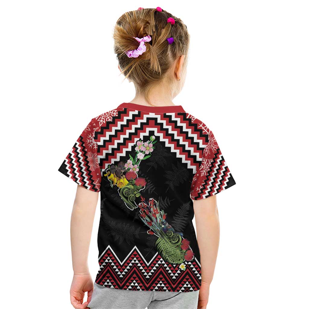 New Zealand Christmas Taniko Poutama Kid T Shirt Flora Map with Birds - Aussie Hoodie