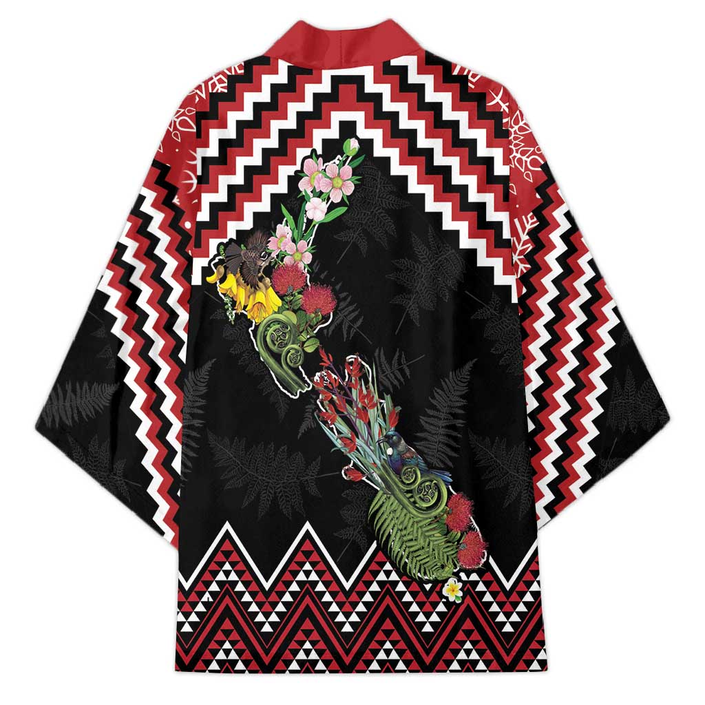 New Zealand Christmas Taniko Poutama Kimono Flora Map with Birds - Aussie Hoodie