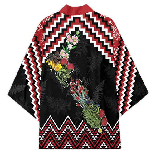 New Zealand Christmas Taniko Poutama Kimono Flora Map with Birds - Aussie Hoodie