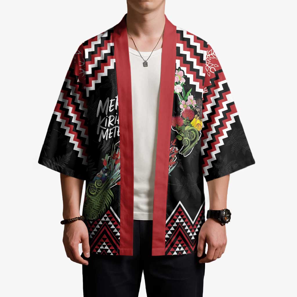 New Zealand Christmas Taniko Poutama Kimono Flora Map with Birds - Aussie Hoodie