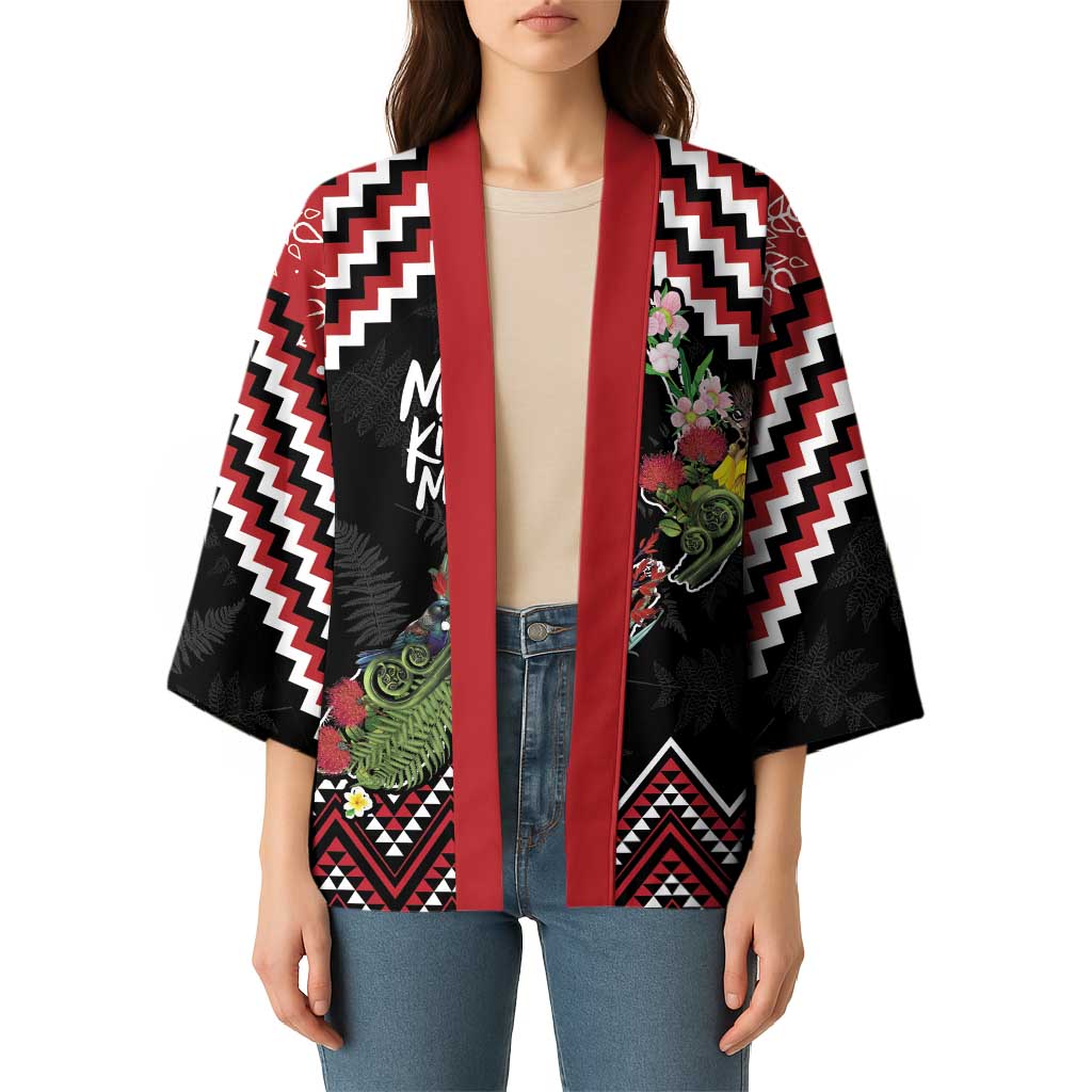 New Zealand Christmas Taniko Poutama Kimono Flora Map with Birds - Aussie Hoodie