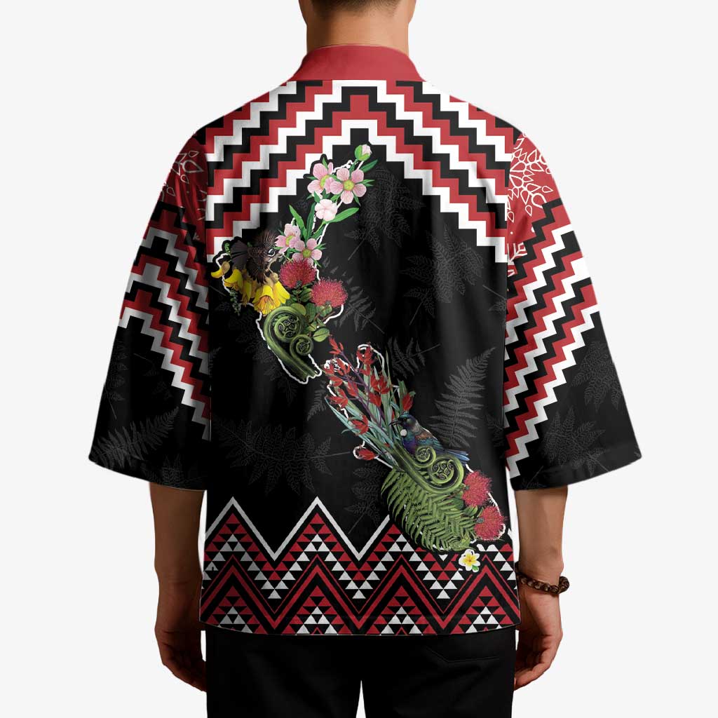 New Zealand Christmas Taniko Poutama Kimono Flora Map with Birds - Aussie Hoodie