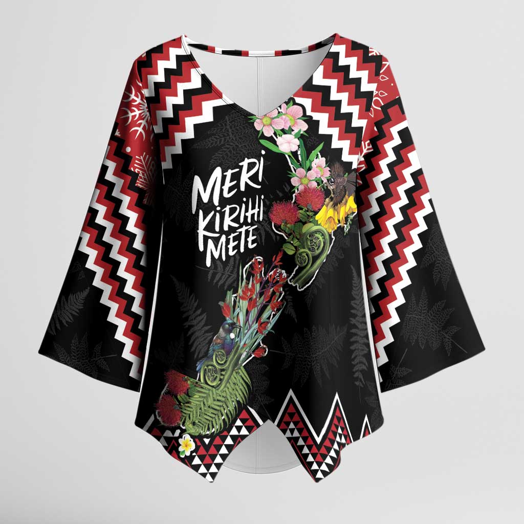 New Zealand Christmas Taniko Poutama Kimono Sleeve Blouse Flora Map with Birds - Aussie Hoodie