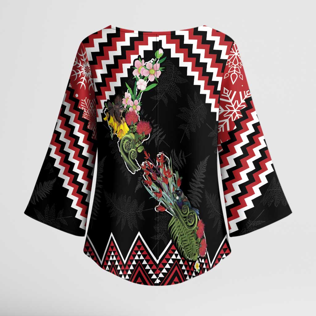 New Zealand Christmas Taniko Poutama Kimono Sleeve Blouse Flora Map with Birds - Aussie Hoodie