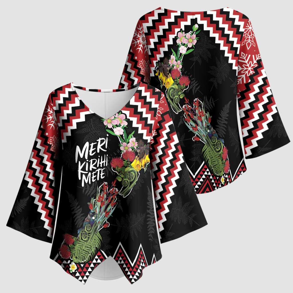 New Zealand Christmas Taniko Poutama Kimono Sleeve Blouse Flora Map with Birds - Aussie Hoodie