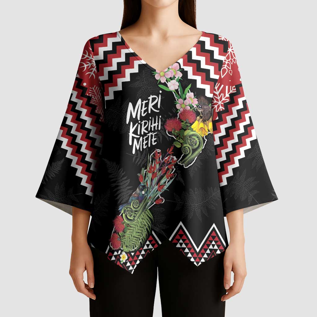 New Zealand Christmas Taniko Poutama Kimono Sleeve Blouse Flora Map with Birds - Aussie Hoodie