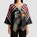New Zealand Christmas Taniko Poutama Kimono Sleeve Blouse Flora Map with Birds - Aussie Hoodie