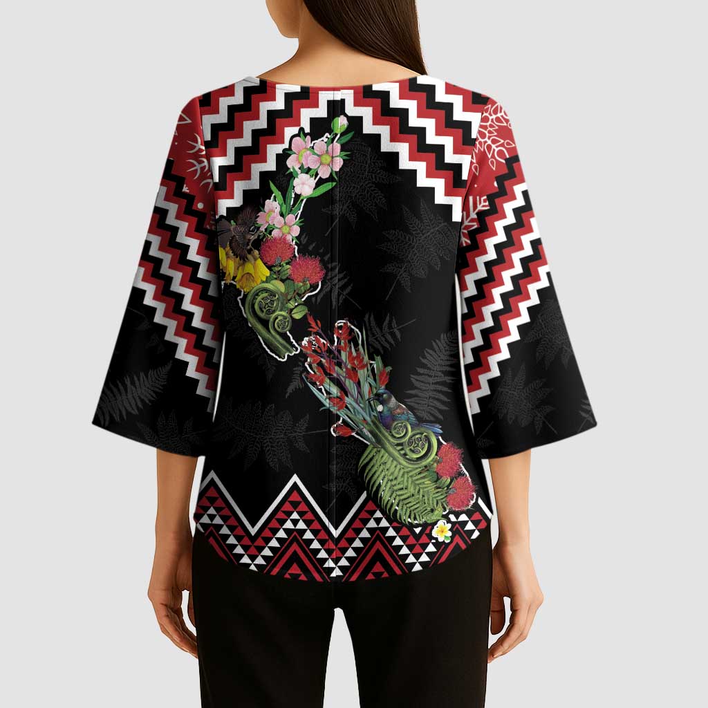 New Zealand Christmas Taniko Poutama Kimono Sleeve Blouse Flora Map with Birds - Aussie Hoodie