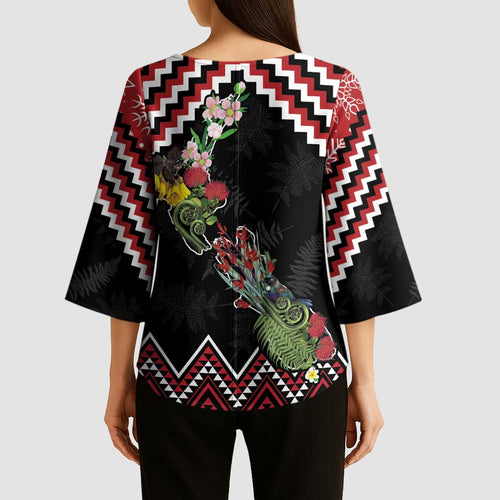 New Zealand Christmas Taniko Poutama Kimono Sleeve Blouse Flora Map with Birds - Aussie Hoodie