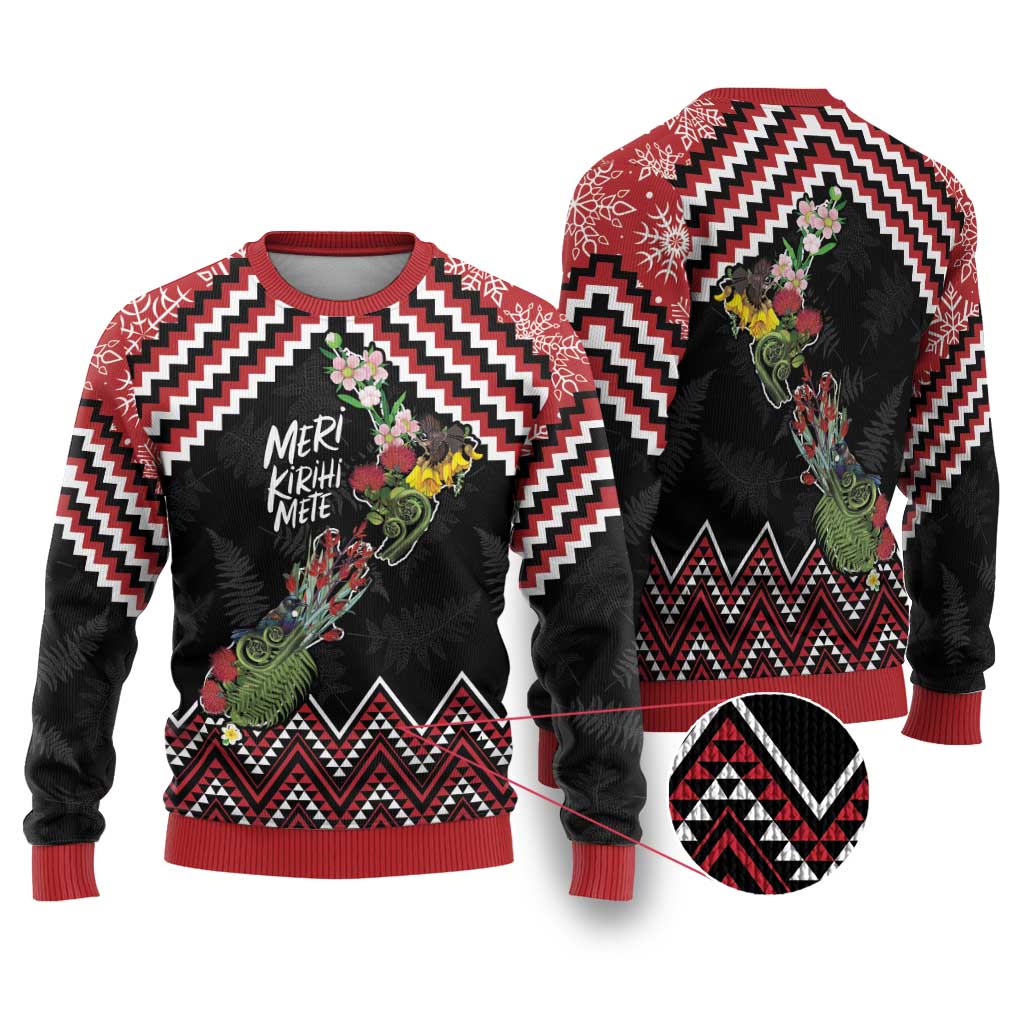 New Zealand Christmas Taniko Poutama Ugly Christmas Sweater Flora Map with Birds - Aussie Hoodie