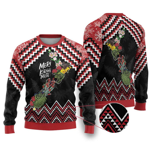 New Zealand Christmas Taniko Poutama Ugly Christmas Sweater Flora Map with Birds - Aussie Hoodie