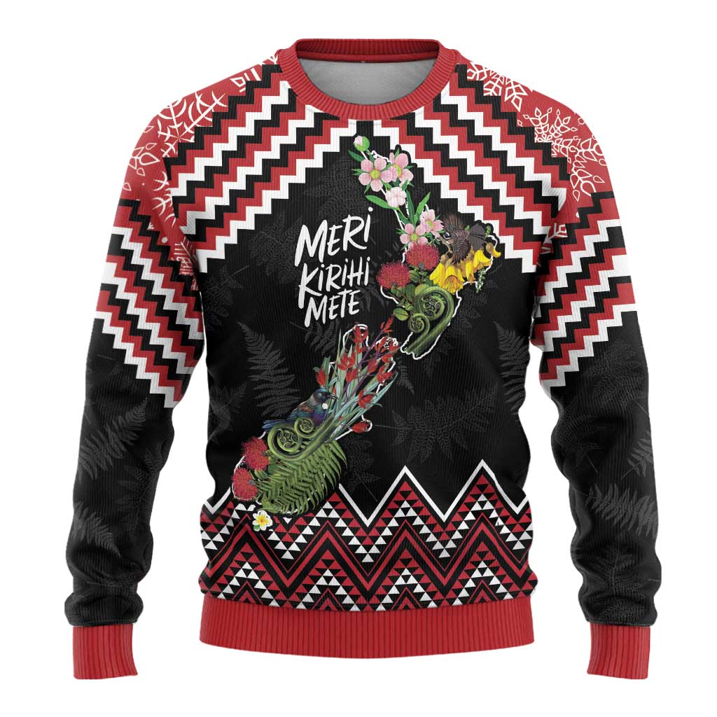 New Zealand Christmas Taniko Poutama Ugly Christmas Sweater Flora Map with Birds - Aussie Hoodie