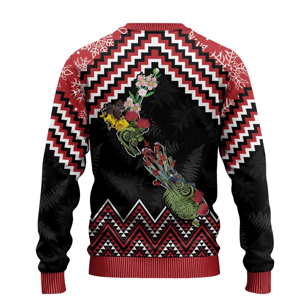 New Zealand Christmas Taniko Poutama Ugly Christmas Sweater Flora Map with Birds - Aussie Hoodie