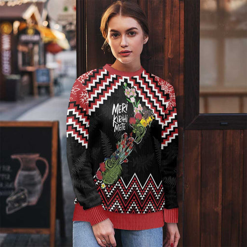 New Zealand Christmas Taniko Poutama Ugly Christmas Sweater Flora Map with Birds - Aussie Hoodie