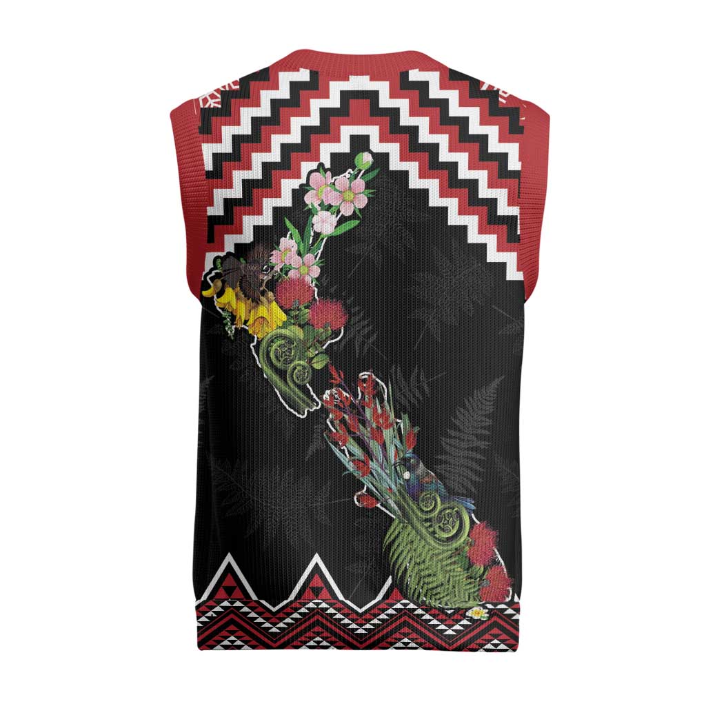 New Zealand Christmas Taniko Poutama Christmas Knitted V-Neck Vest Flora Map with Birds - Aussie Hoodie