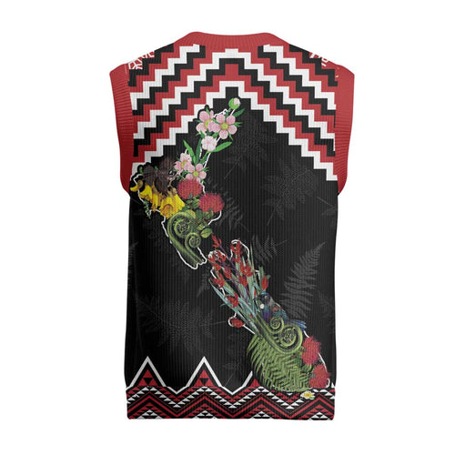New Zealand Christmas Taniko Poutama Christmas Knitted V-Neck Vest Flora Map with Birds - Aussie Hoodie