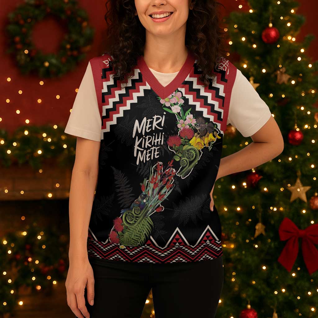 New Zealand Christmas Taniko Poutama Christmas Knitted V-Neck Vest Flora Map with Birds - Aussie Hoodie