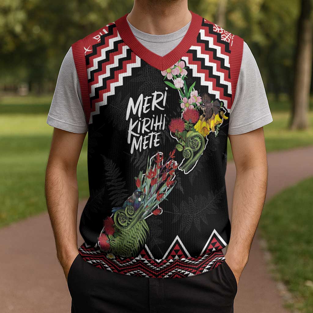 New Zealand Christmas Taniko Poutama Christmas Knitted V-Neck Vest Flora Map with Birds - Aussie Hoodie