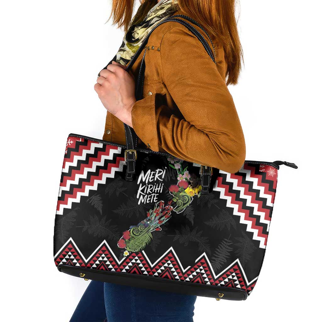 New Zealand Christmas Taniko Poutama Leather Tote Bag Flora Map with Birds - Aussie Hoodie