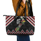 New Zealand Christmas Taniko Poutama Leather Tote Bag Flora Map with Birds - Aussie Hoodie