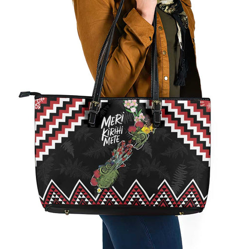 New Zealand Christmas Taniko Poutama Leather Tote Bag Flora Map with Birds - Aussie Hoodie