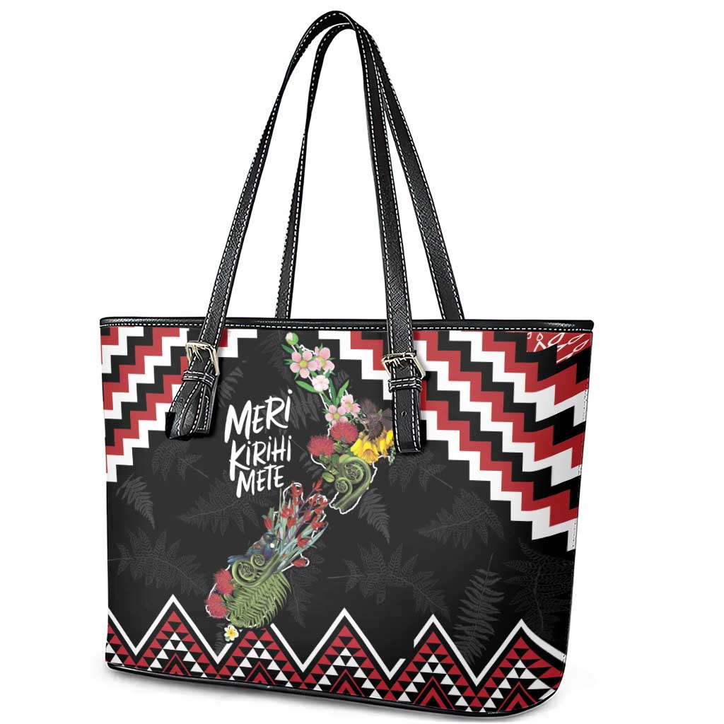 New Zealand Christmas Taniko Poutama Leather Tote Bag Flora Map with Birds - Aussie Hoodie