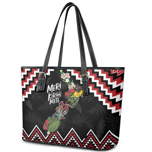 New Zealand Christmas Taniko Poutama Leather Tote Bag Flora Map with Birds - Aussie Hoodie