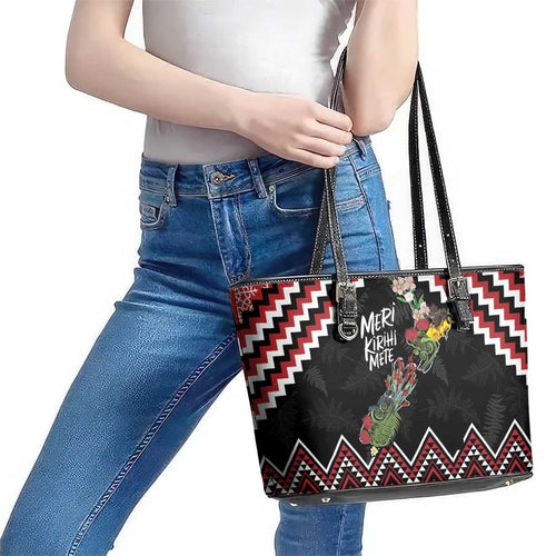 New Zealand Christmas Taniko Poutama Leather Tote Bag Flora Map with Birds - Aussie Hoodie