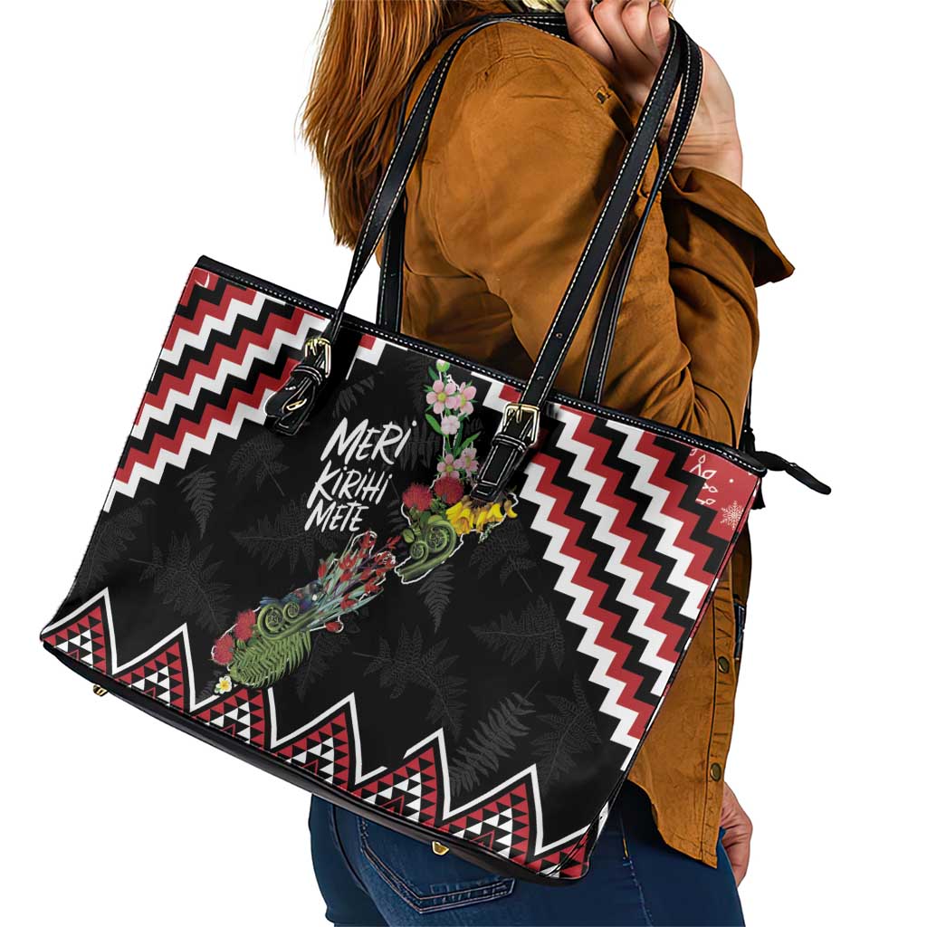 New Zealand Christmas Taniko Poutama Leather Tote Bag Flora Map with Birds - Aussie Hoodie