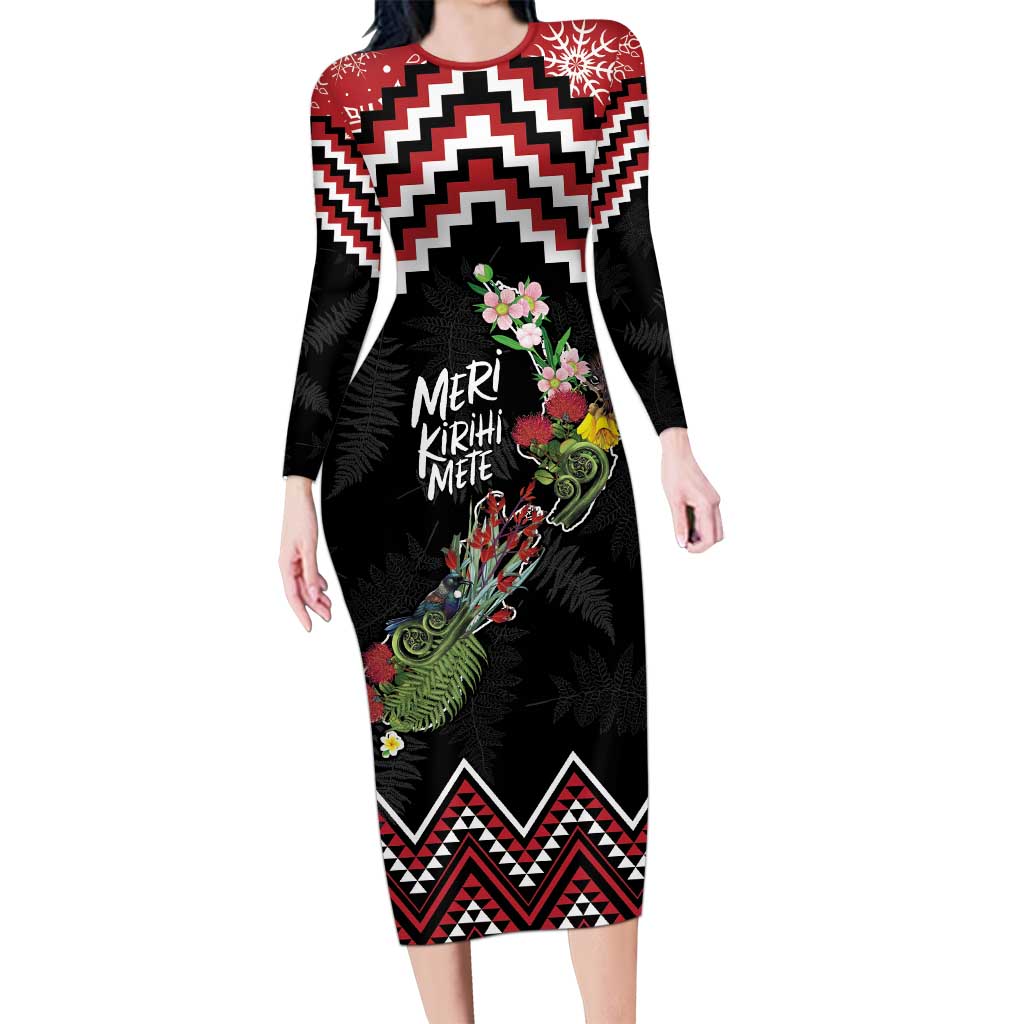 New Zealand Christmas Taniko Poutama Long Sleeve Bodycon Dress Flora Map with Birds - Aussie Hoodie